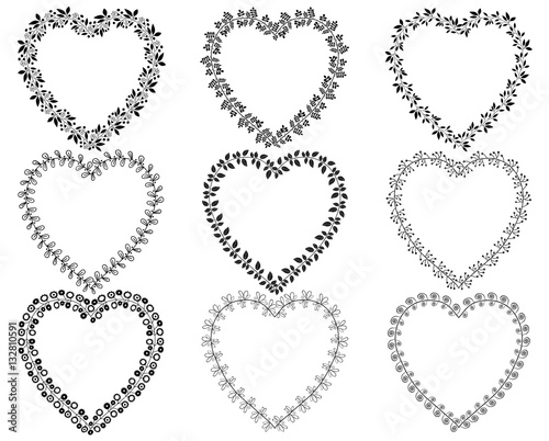 Vector set of floral heart shaped wreaths and borders for Valentine's day and other occasions