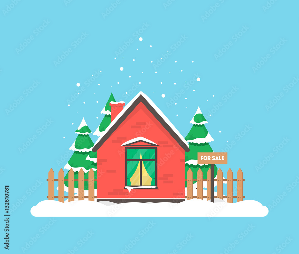 Winter scene with house, Christmas trees and snowfall. Holiday frozen background for decoration card, invitation, greeting, poster, postcard. Real estate snowy concept. Village in December time. Winter scene with house, Christmas trees and snowfall. Holiday frozen background for decoration card, invitation, greeting, poster, postcard. Real estate snowy concept. Village in December time.