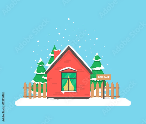 Winter scene with house, Christmas trees and snowfall. Holiday frozen background for decoration card, invitation, greeting, poster, postcard. Real estate snowy concept. Village in December time.