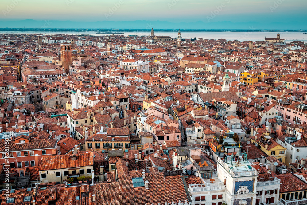 Aerial view in winter from the San Marco Sqaure, Venice, Veneto, Italy. Panoramic view at blue hour.