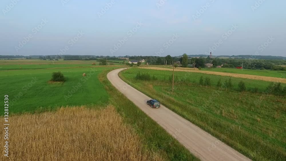 Aerial View, Car Driving On Gravel Road In Country 1