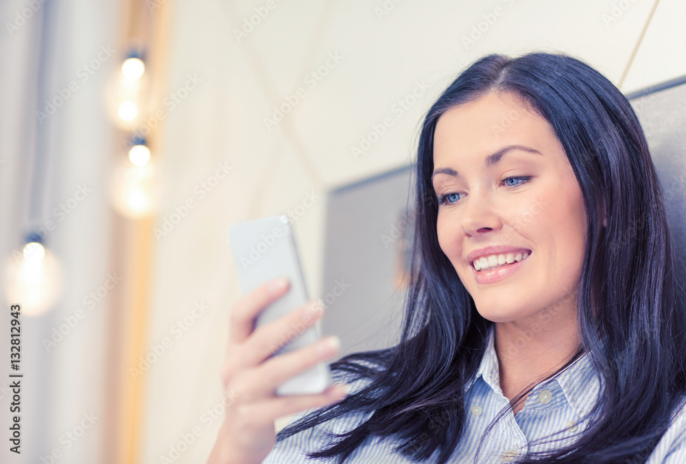 happy businesswoman with smartphone in hotel room happy businesswoman with smartphone in hotel room