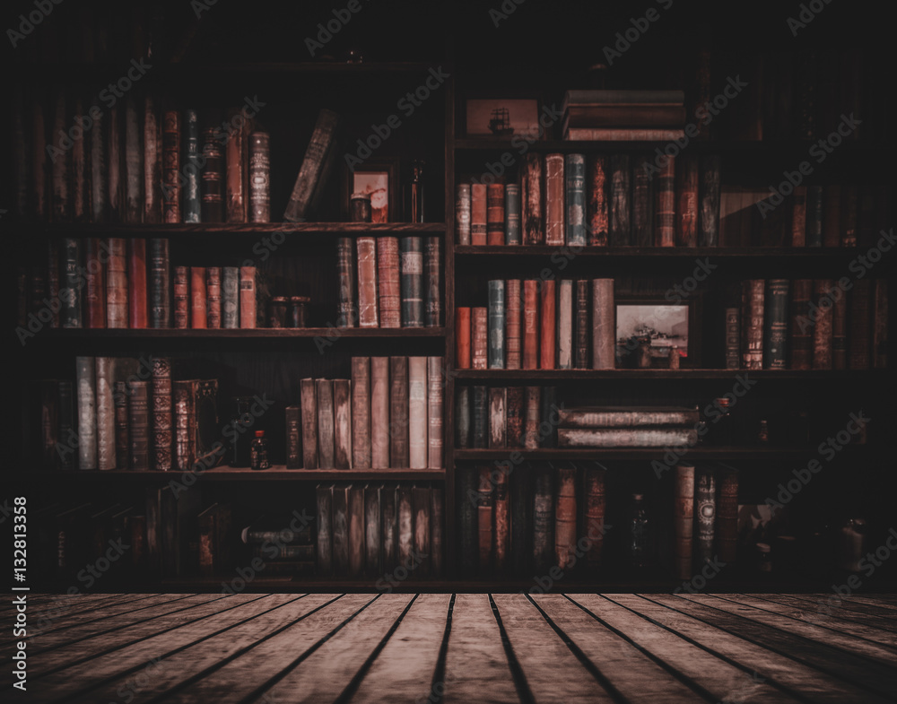 blurred Image many old books on bookshelf in library - obrazy, fototapety, plakaty 
