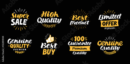 Collection of labels with beautiful letterings such as super sale, high quality, best product, limited offer, genuine, buy, 100% guarantee, premium