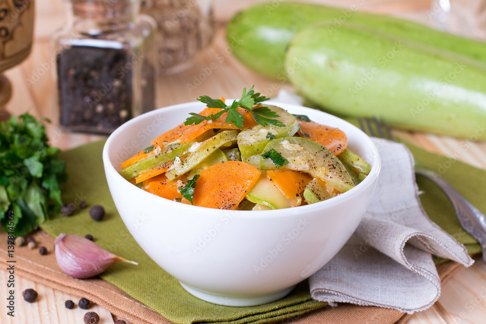 Vegetable stew of zucchini, carrots and onions