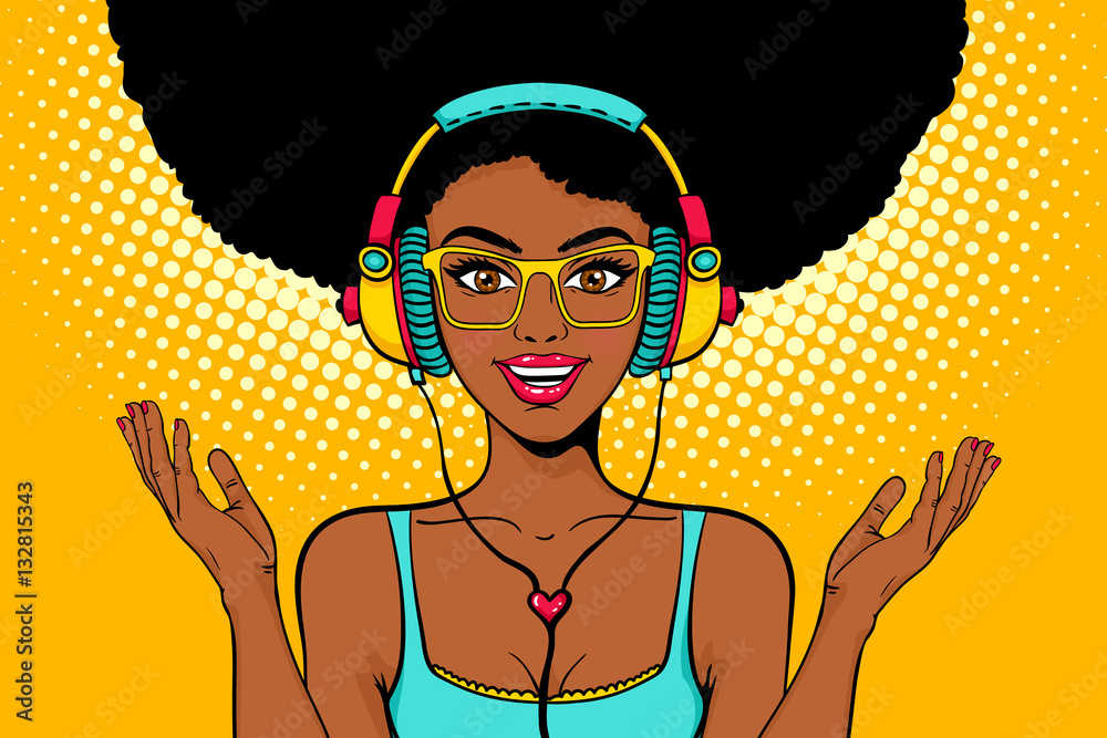 Fototapeta Młoda seksowna amerykanin afrykańskiego pochodzenia murzynka słucha muzyka i rozprzestrzenia ona z otwartym uśmiechem w hełmofonach. Wektor jasne tło w stylu retro komiks pop-artu. Plakat z zaproszeniem na przyjęcie.