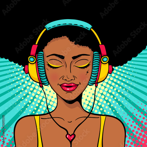 Young sexy afro american woman with closed eyes in headphones listening to the music and singing with a smile. Vector colorful background in pop art retro comic style. Party invitation poster.