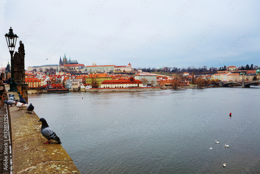 Вид на Пражский Град с собором Святого Вита и Карлов мост, Чехия