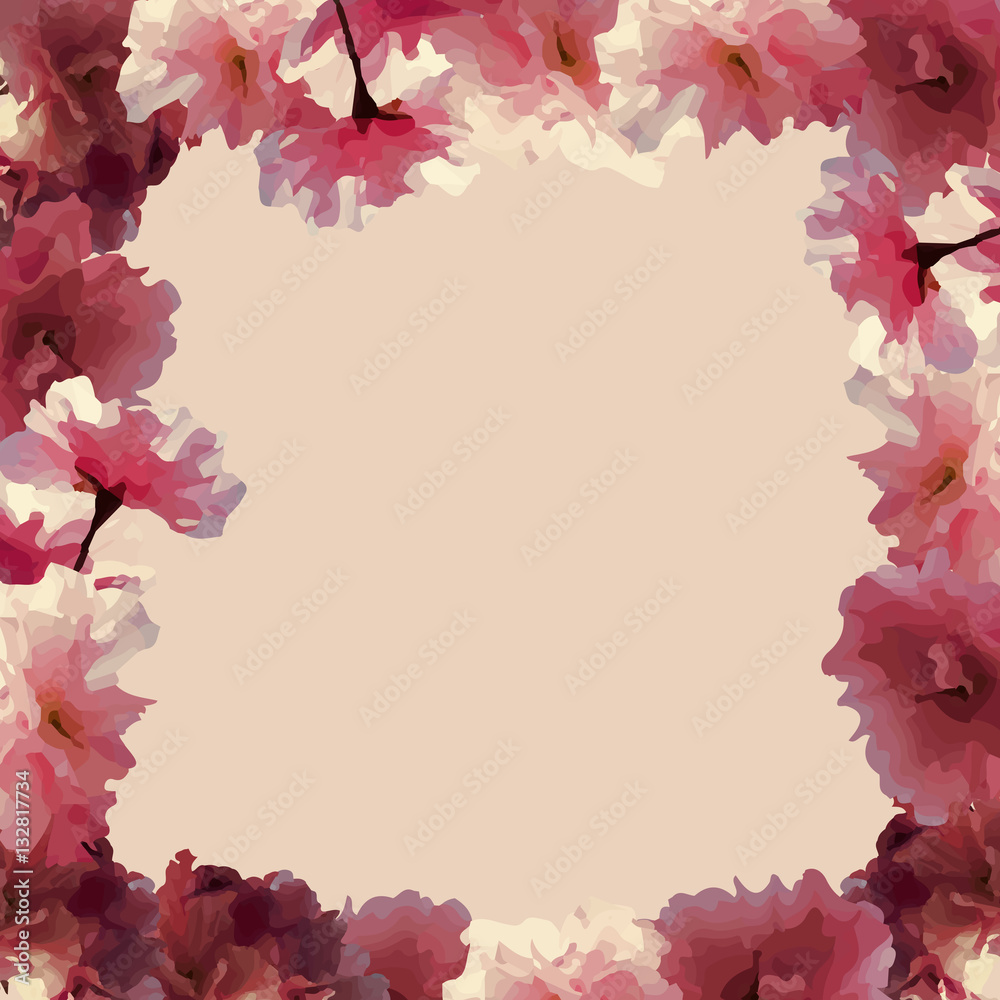 The frame of the flowers blooming cherry on a beige background.