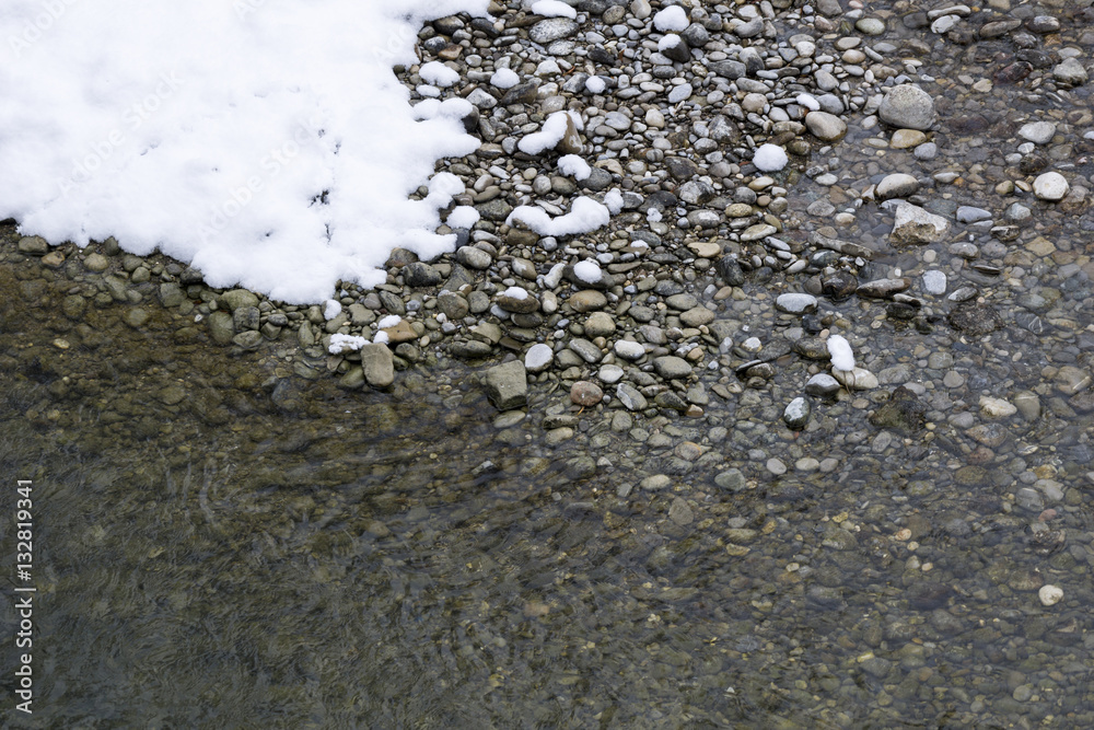 Schnee auf Steinen im Fluss Schnee auf Steinen im Fluss