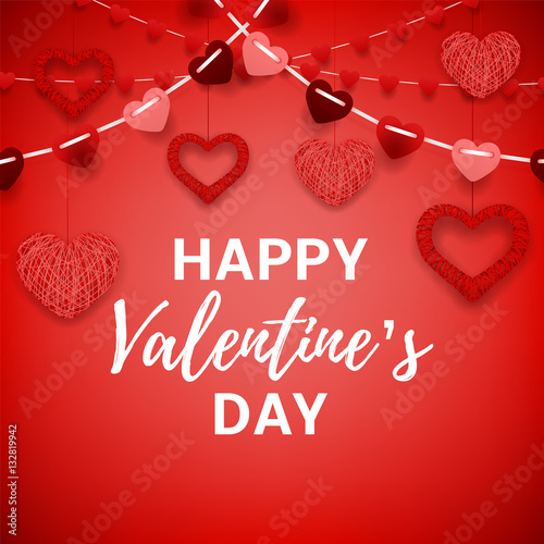 Happy Valentine's Day red card. Romantic composition with garlands from paper. Beautiful backdrop with heart from threads. Vector illustration.