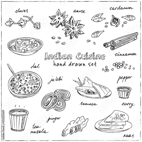 Vector hand drawn set of Indian cuisine. traditional spicy flavored dishes, desserts, beverages.