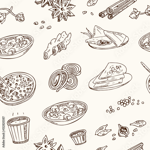 Vector hand drawn set of Indian cuisine. traditional spicy flavored dishes, desserts, beverages.