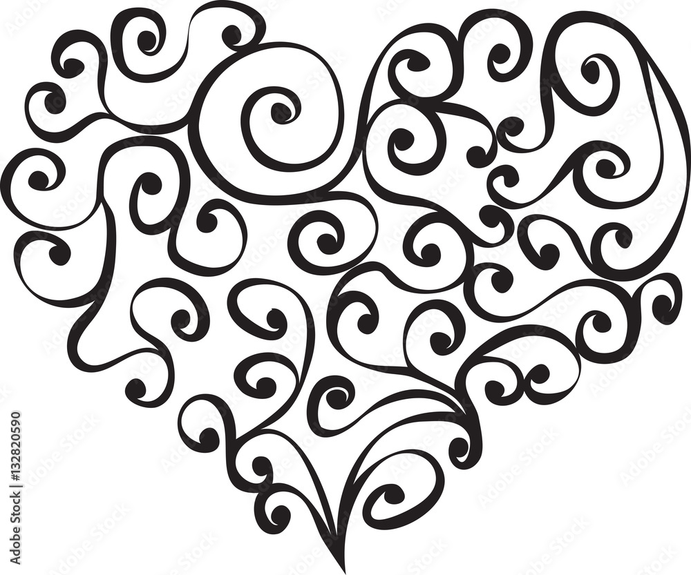 Black and white tracery heart with swirl and spirals. Vector illustration. Black and white tracery heart with swirl and spirals. Vector illustration.