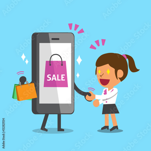 Cartoon smartphone with shopping bag shake hand with a woman