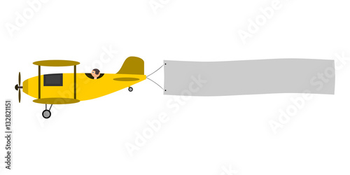 Yellow airplane with message banner to place your advertisement text. Vector isolated on white background. Childish, retro, vintage style.