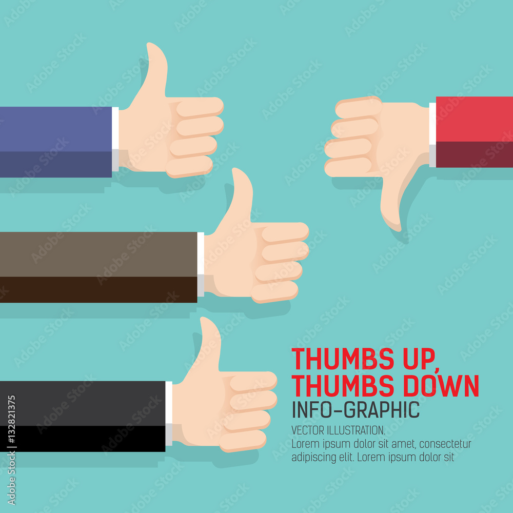 Thumbs up and thumbs down flat illustration. Good choice and poor choice. Flat design concept. Use for business, marketing, creative, web design and graphics. Vector, Background. Thumbs up and thumbs down flat illustration. Good choice and poor choice. Flat design concept. Use for business, marketing, creative, web design and graphics. Vector, Background.