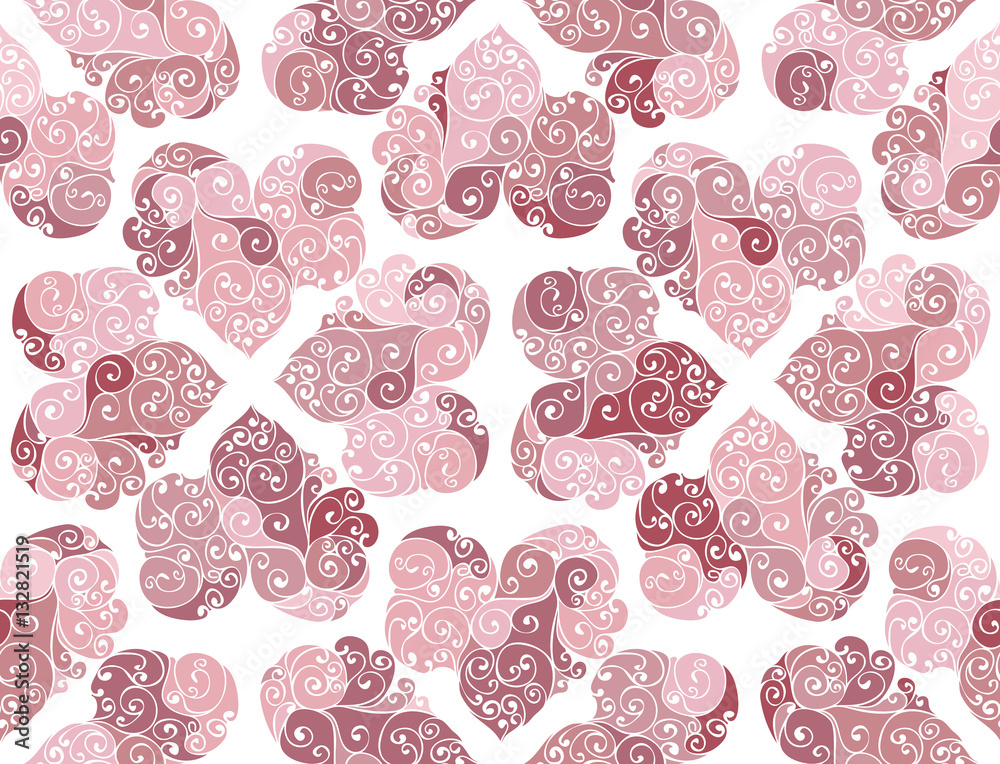 Seamless pattern background. Tracery hearts with swirl and spirals. Pink and red colors. Vector illustration.