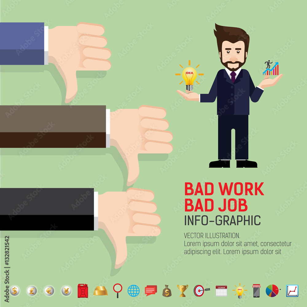 Businessman hand thumb down concept on green background. Bad work concept. Dislike icon. Use for business, marketing, creative, web design and graphics. Vector, Background. Businessman hand thumb down concept on green background. Bad work concept. Dislike icon. Use for business, marketing, creative, web design and graphics. Vector, Background.