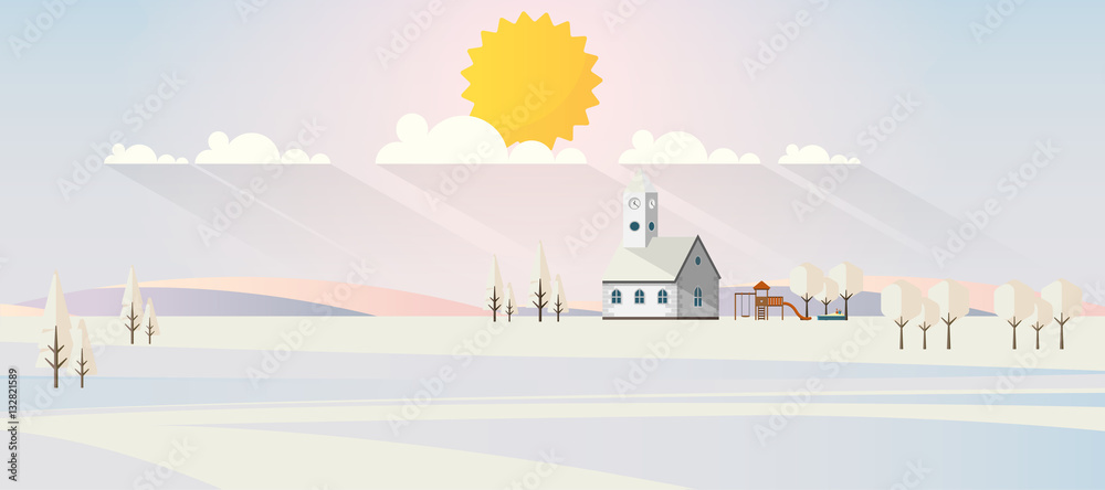 Flat illustration of winter landscape, Vector Design,