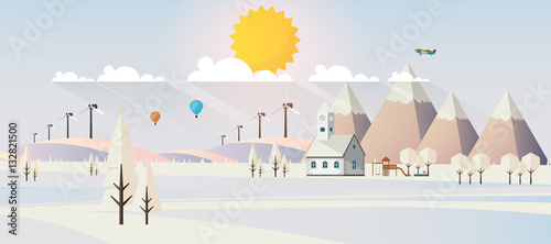 Flat illustration of winter landscape, Vector Design,