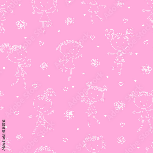 Seamless pattern little girls on pink background © iryna_afonina