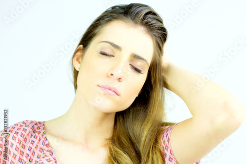 Gorgeous woman with strong headache closeup