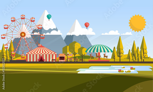 Flat illustration of amusement park at daytime illustration