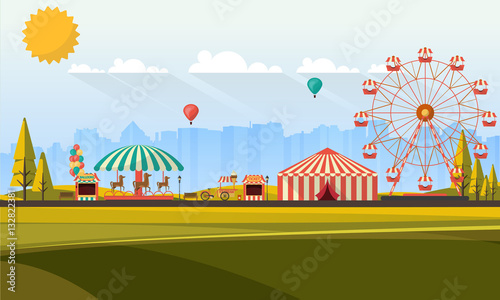 Flat illustration of amusement park at daytime illustration

