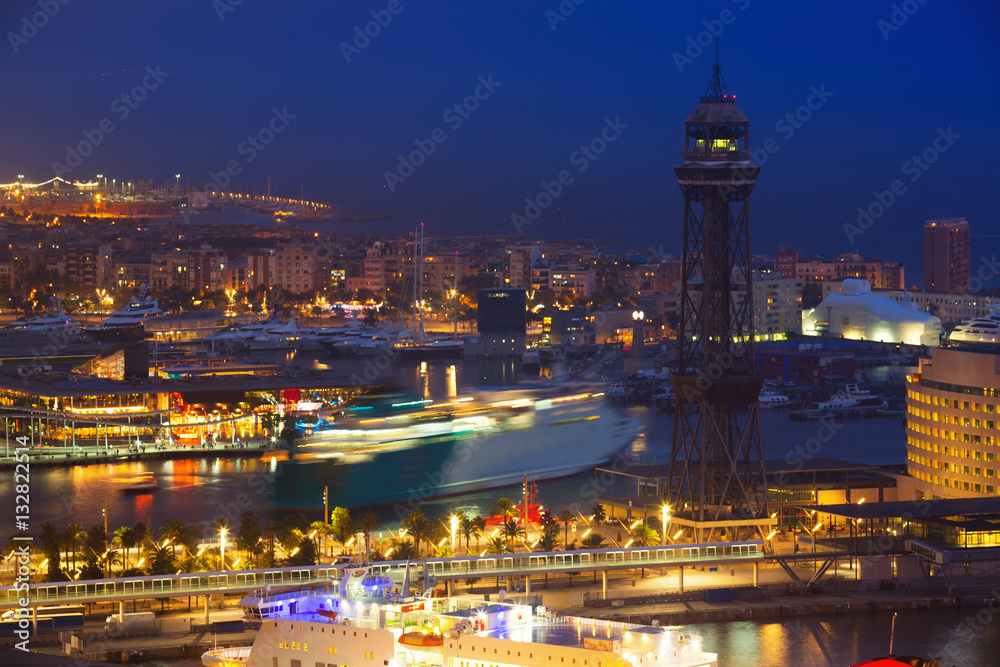 View to Port Vell of Barcelona in night