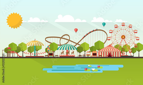 Flat illustration of amusement park at daytime illustration

