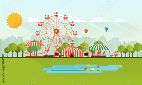 Flat illustration of amusement park at daytime illustration

