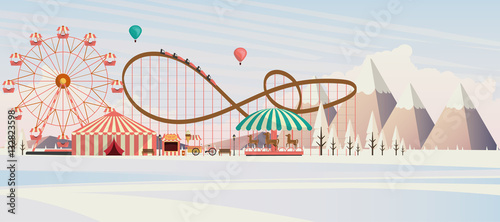 Flat illustration of amusement park at daytime in winter illustration

