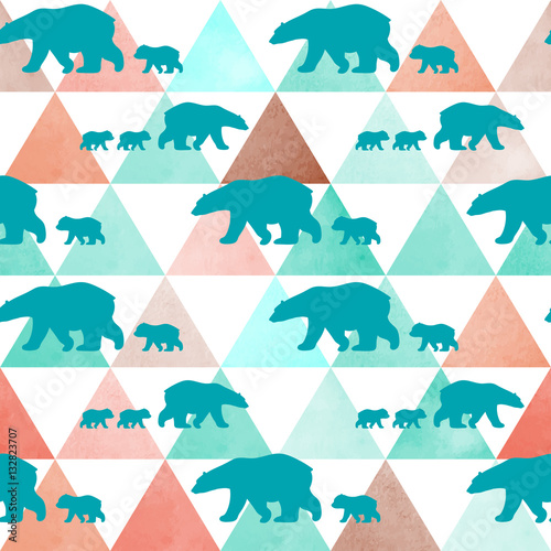 Cute seamless pattern with winter polar bear. Mother and her child. Watercolor mountains in the background. Cute children pattern. Perfect for background paper or textiles.