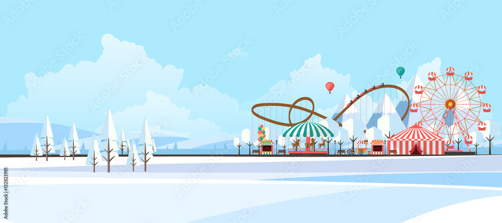 Fototapeta premium Flat illustration of amusement park at daytime in winter illustration