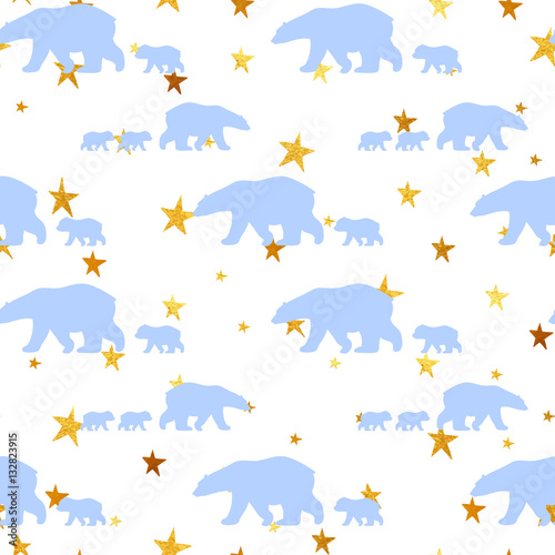 Cute seamless pattern with winter polar bear and confetti golden stars. Mother and her child. Cute children pattern. Perfect for background paper or textiles.