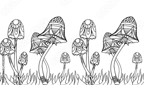 Seamless border with mushrooms with boho pattern. Doodle pattern. Vector element for your creativity