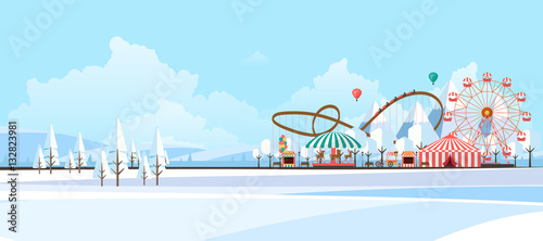 Flat illustration of amusement park at daytime in winter illustration
