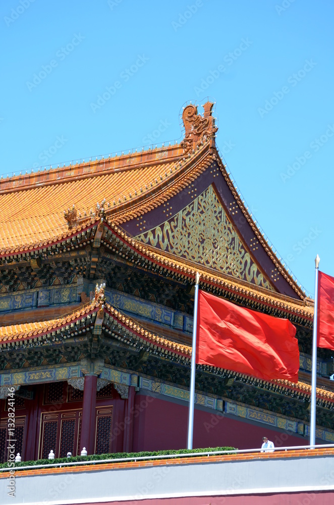 Chinese national flag waving in the main entrance in Forbidden city (Beijing,China)
