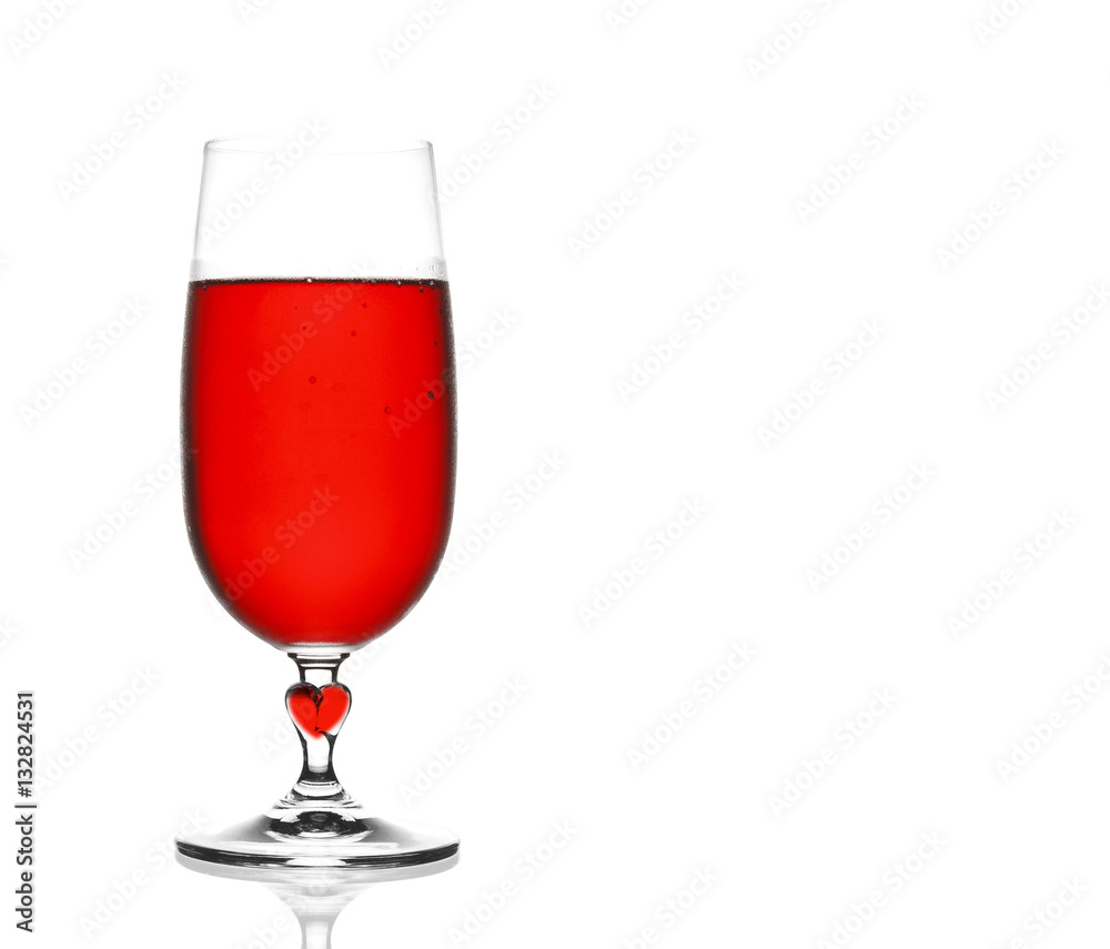 front view red wine chilled in clear glass with steam and heart front view red wine chilled in clear glass with steam and heart