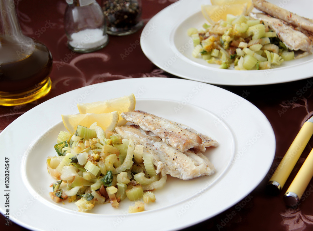 Cod fish fillet with grilled vegetable - fennel, celery and bok choy. Cod fish fillet with grilled vegetable - fennel, celery and bok choy.
