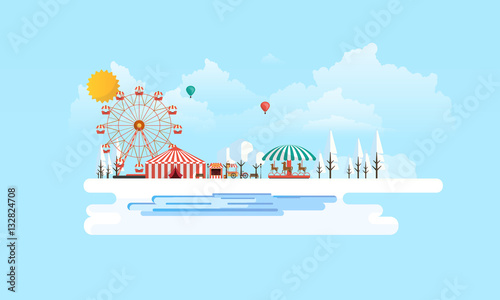Flat illustration of amusement park at daytime in winter illustration

