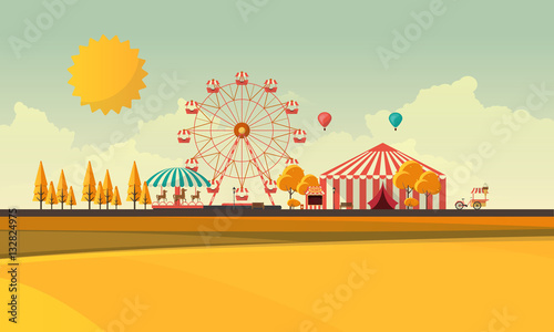 Amusement park at autumn daytime flat illustration

