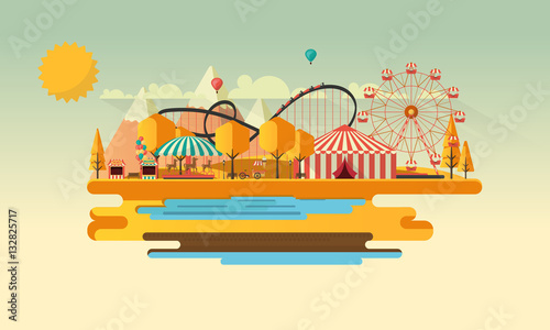 Amusement park at autumn daytime flat illustration

