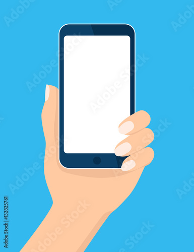 Mobile icon. Hand holding smartphone. Template blank white screen, mock up. Device isolated on blue. Vector cartoon flat illustration for web site, app, UI