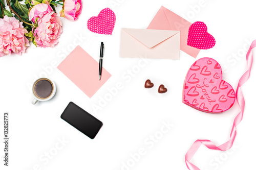 The gift box with hearts on white background