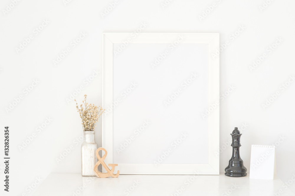Frame white on white wooden table, put walls white background,Dried Flowers Place the frame