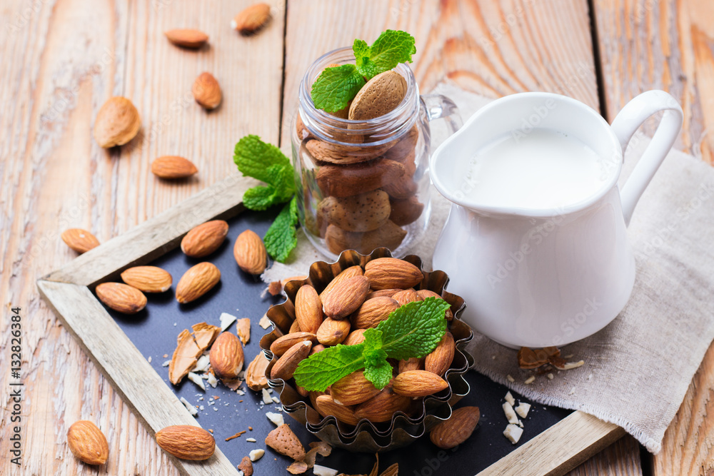 Almond milk with ingredients for healthy breakfast Almond milk with ingredients for healthy breakfast