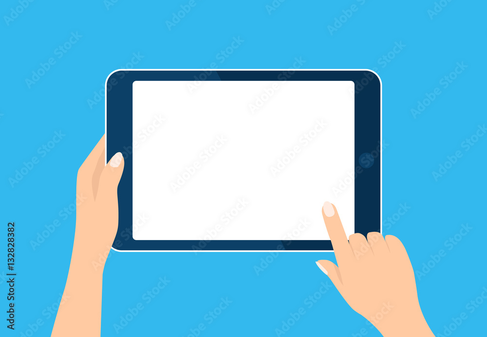 Tablet computer icon. Hand holding and toch device. Template horizontal blank white screen, mock up. Sign isolated on blue. Vector cartoon flat illustration for web site, app, UI Tablet computer icon. Hand holding and toch device. Template horizontal blank white screen, mock up. Sign isolated on blue. Vector cartoon flat illustration for web site, app, UI