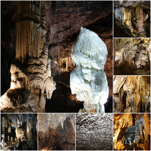 Canvas Print Postojna cave, Slovenia, formations inside cave with stalactites and stalagmites